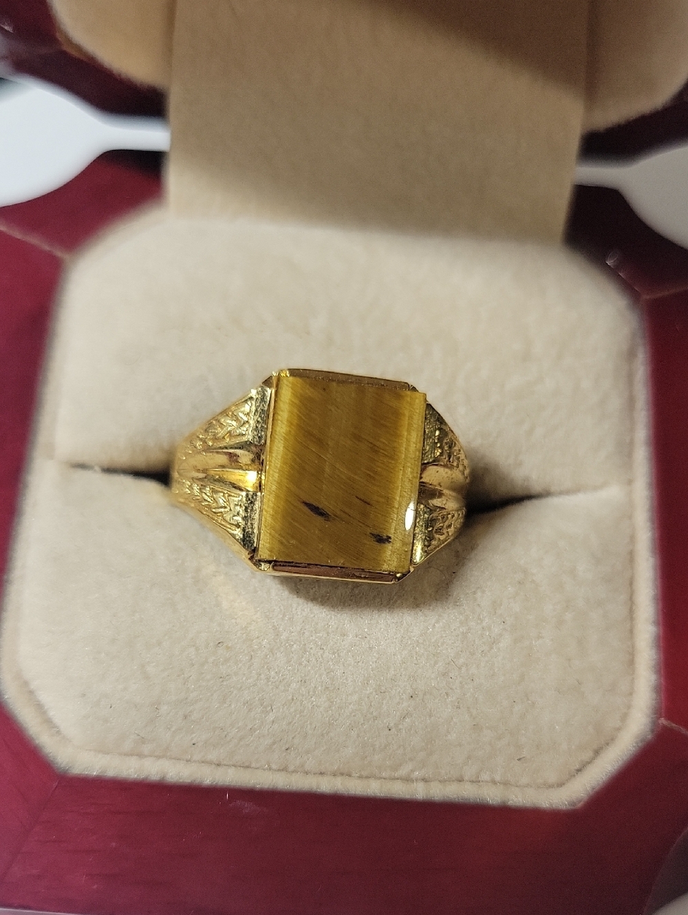 Gold Tone Men's Ring with Rectangular Tiger's Eye Stone